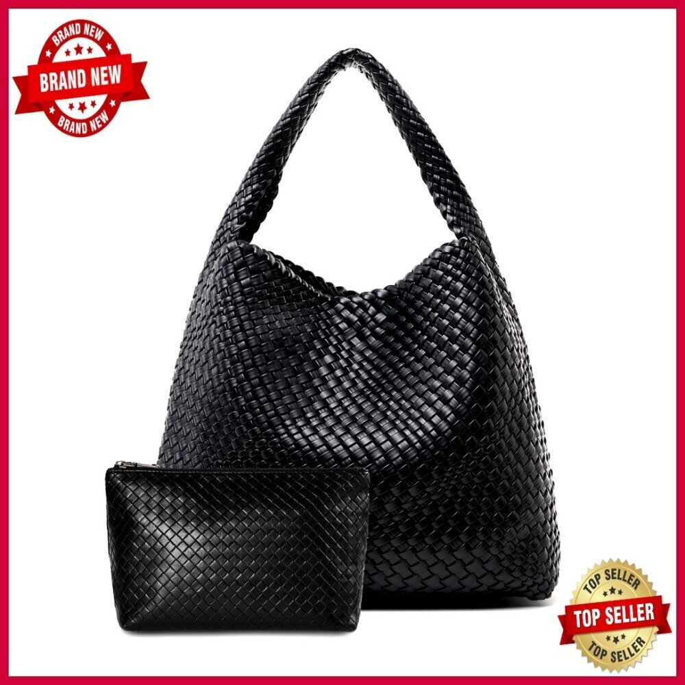 Large Woven Tote Bag with Clutch, Vegan Leather, Spacious Shoulder Bag